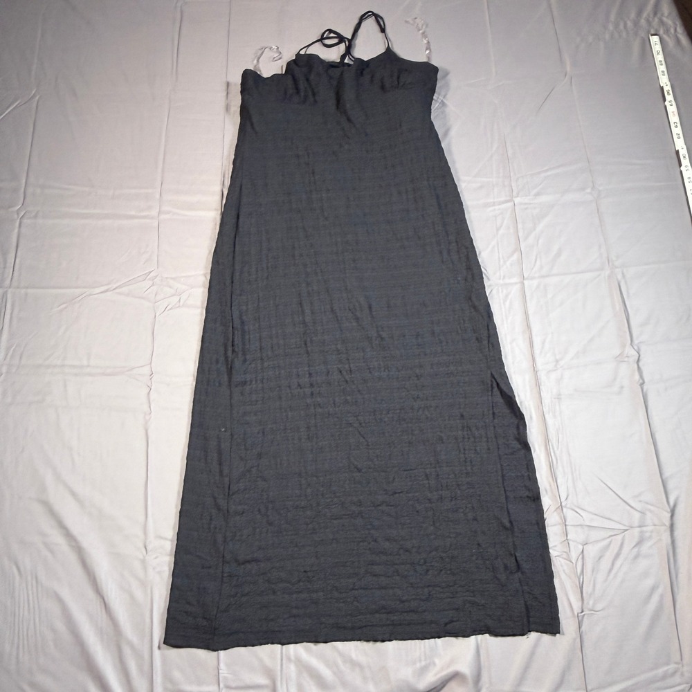 No Comment Black Textured Spaghetti Strap Maxi Dress XL Side Slit Lace Up Back